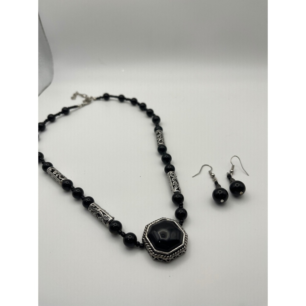 Genuine Octagon Austrian Black Glass Beaded Pendant Necklace & Earrings